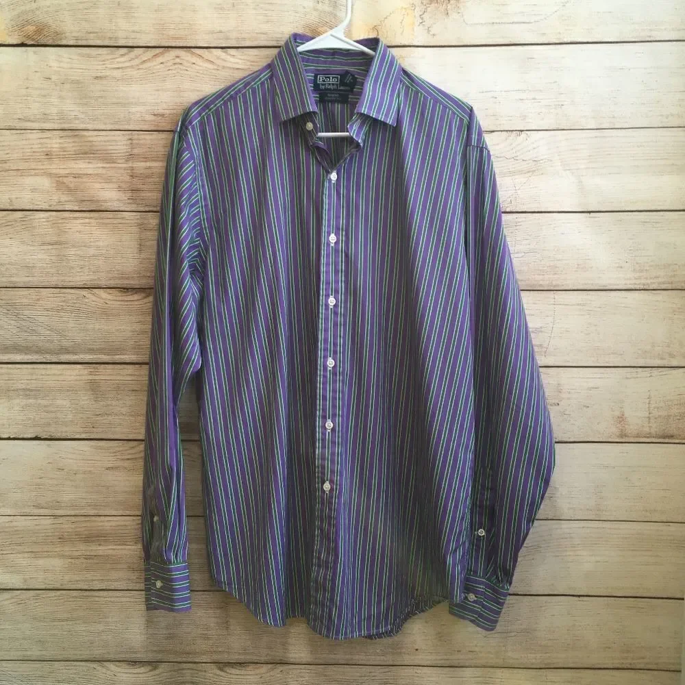 POLO RALPH LAUREN REGENT CLASSIC FIT‎ SHIRT IN PURPLE AND GREEN STRIPES